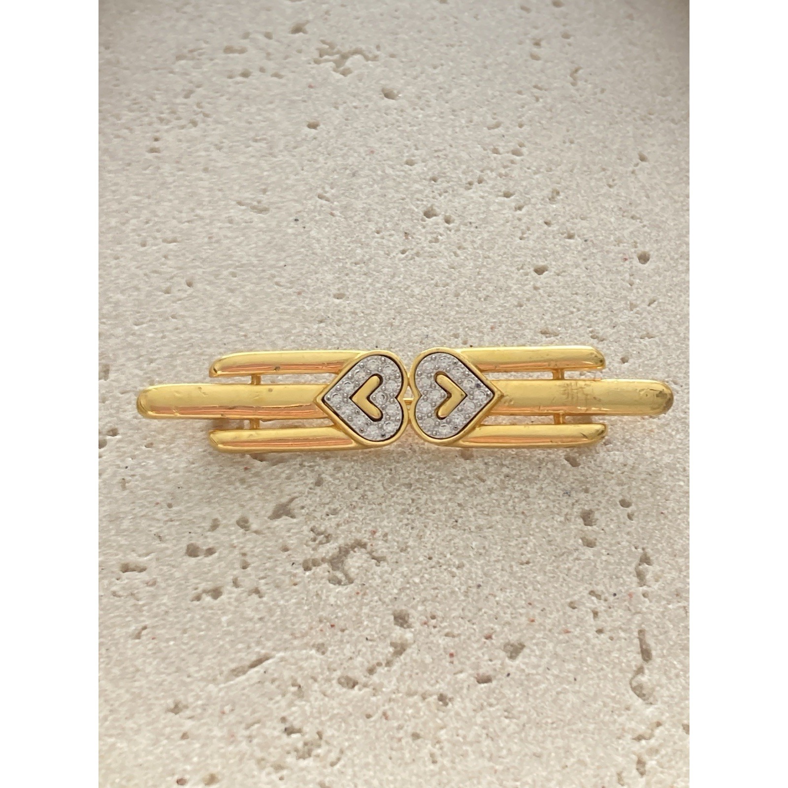 Monet Double Heart Brooch Gold Tone Rhinestone Bar Pin Signed Art Deco Style